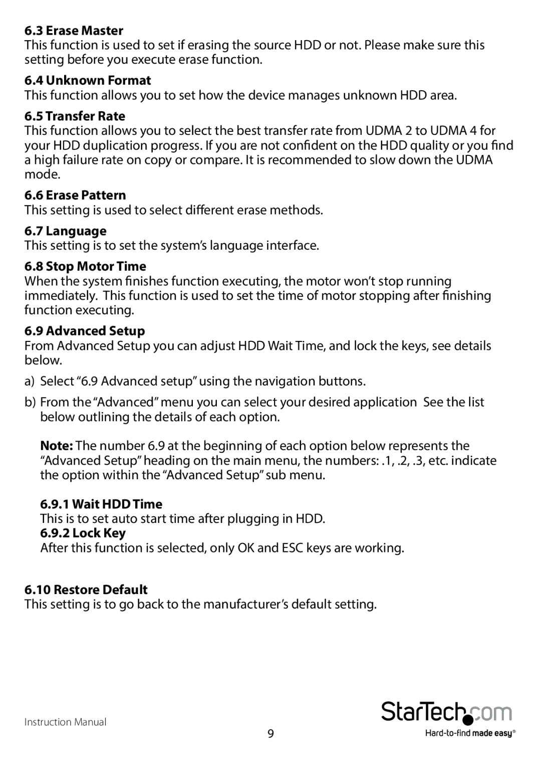 StarTech.com SATDUP13 Erase Master, Unknown Format, Transfer Rate, Erase Pattern, Language, Stop Motor Time, Wait HDD Time 