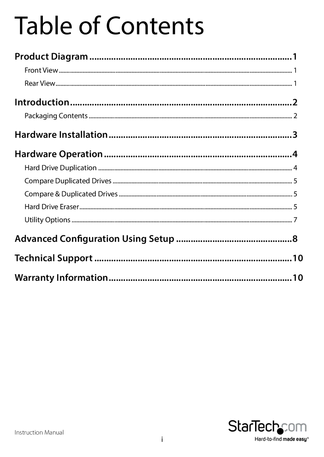 StarTech.com SATDUP13 manual Table of Contents 