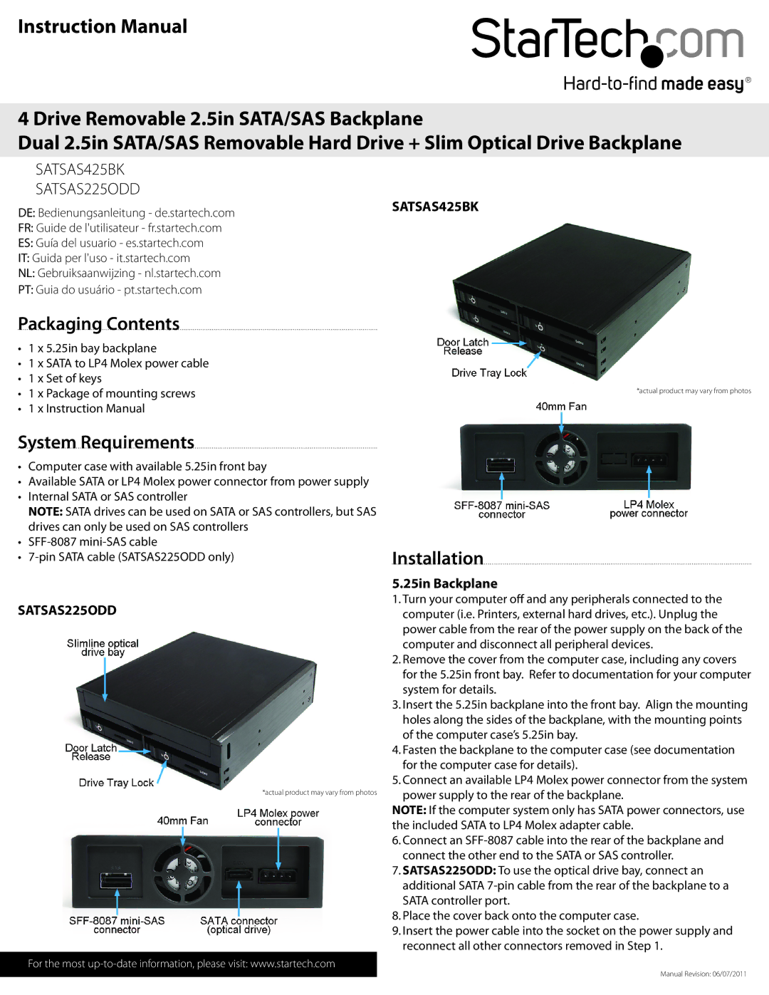 StarTech.com SATSAS225ODD instruction manual Packaging Contents, System Requirements, Installation, 25in Backplane 