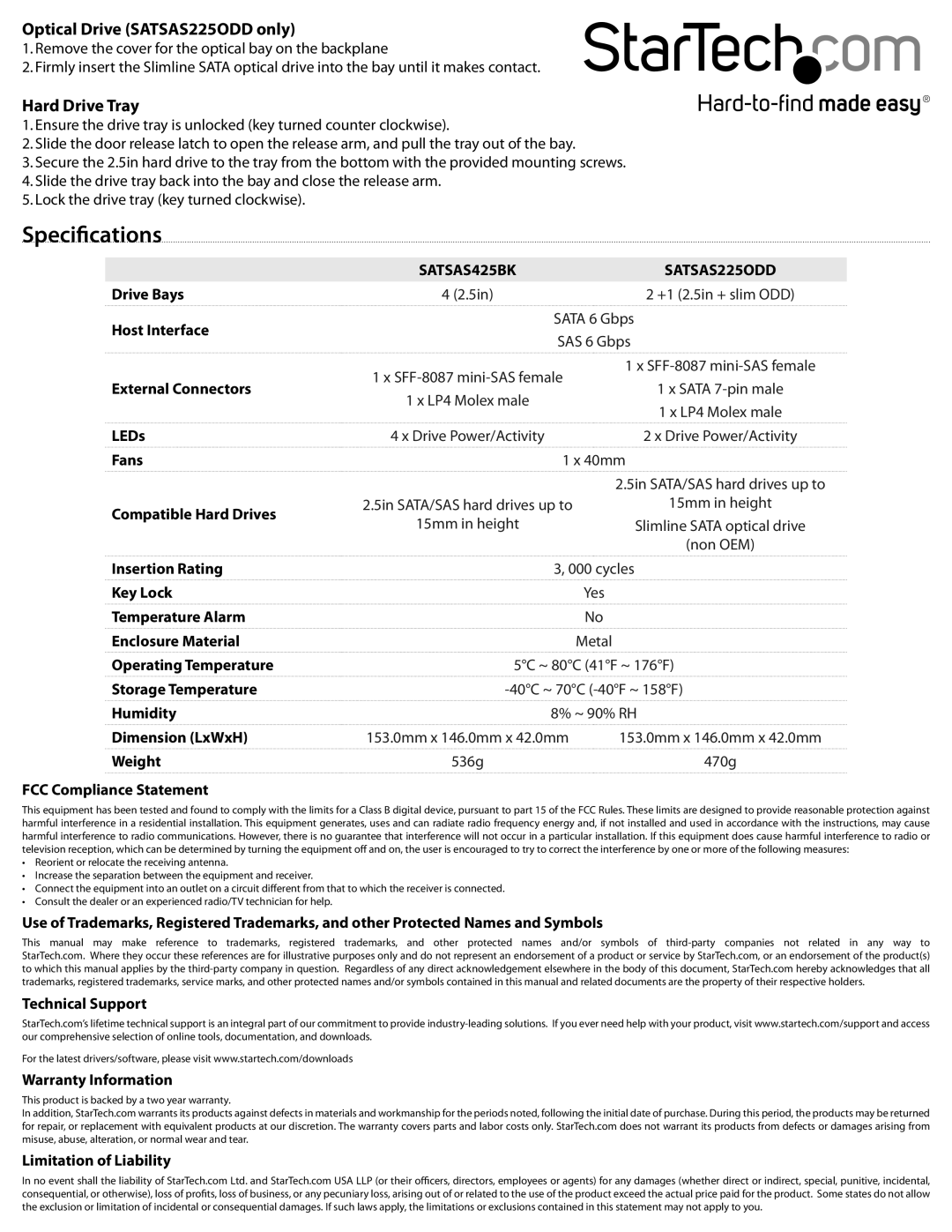 StarTech.com SATSAS425BK instruction manual Specifications, Optical Drive SATSAS225ODD only, Hard Drive Tray 