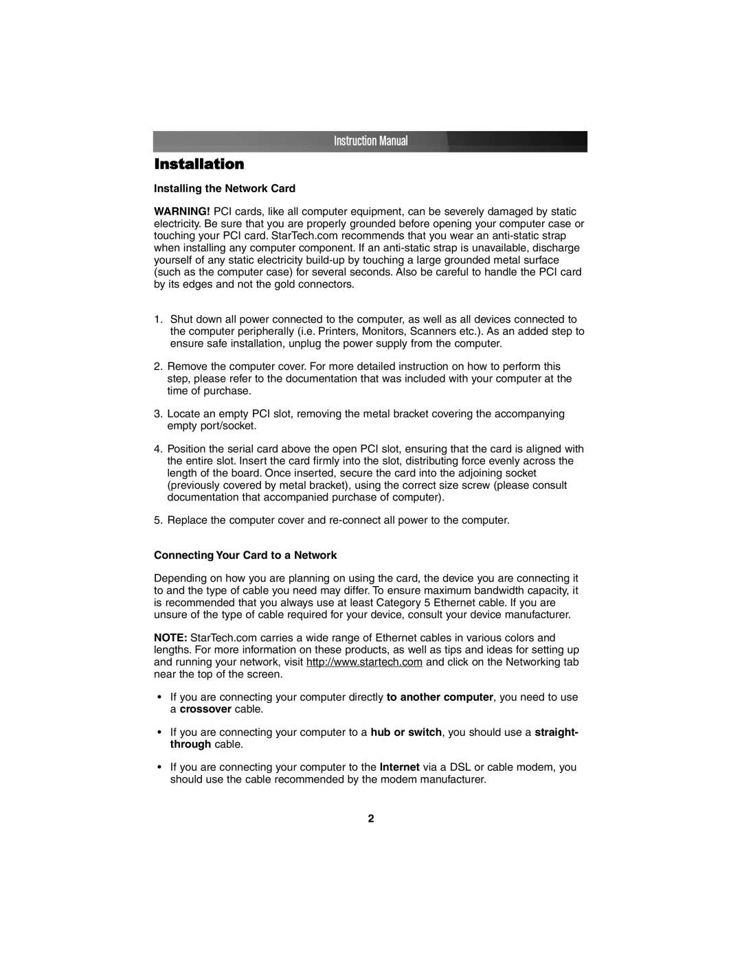StarTech.com ST1000BT32 manual Installation, Installing the Network Card, Connecting Your Card to a Network 