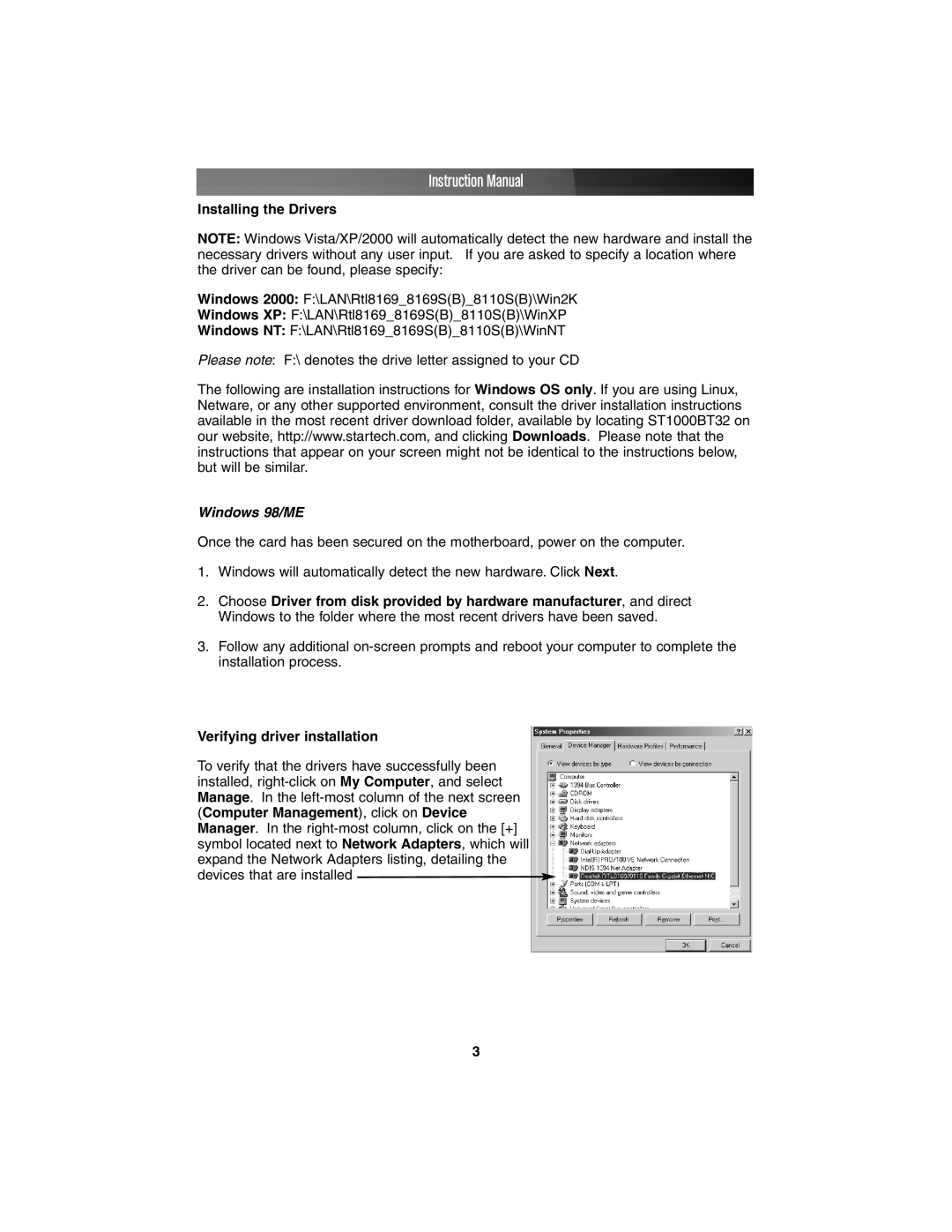 StarTech.com ST1000BT32 manual Installing the Drivers, Windows 98/ME, Verifying driver installation 