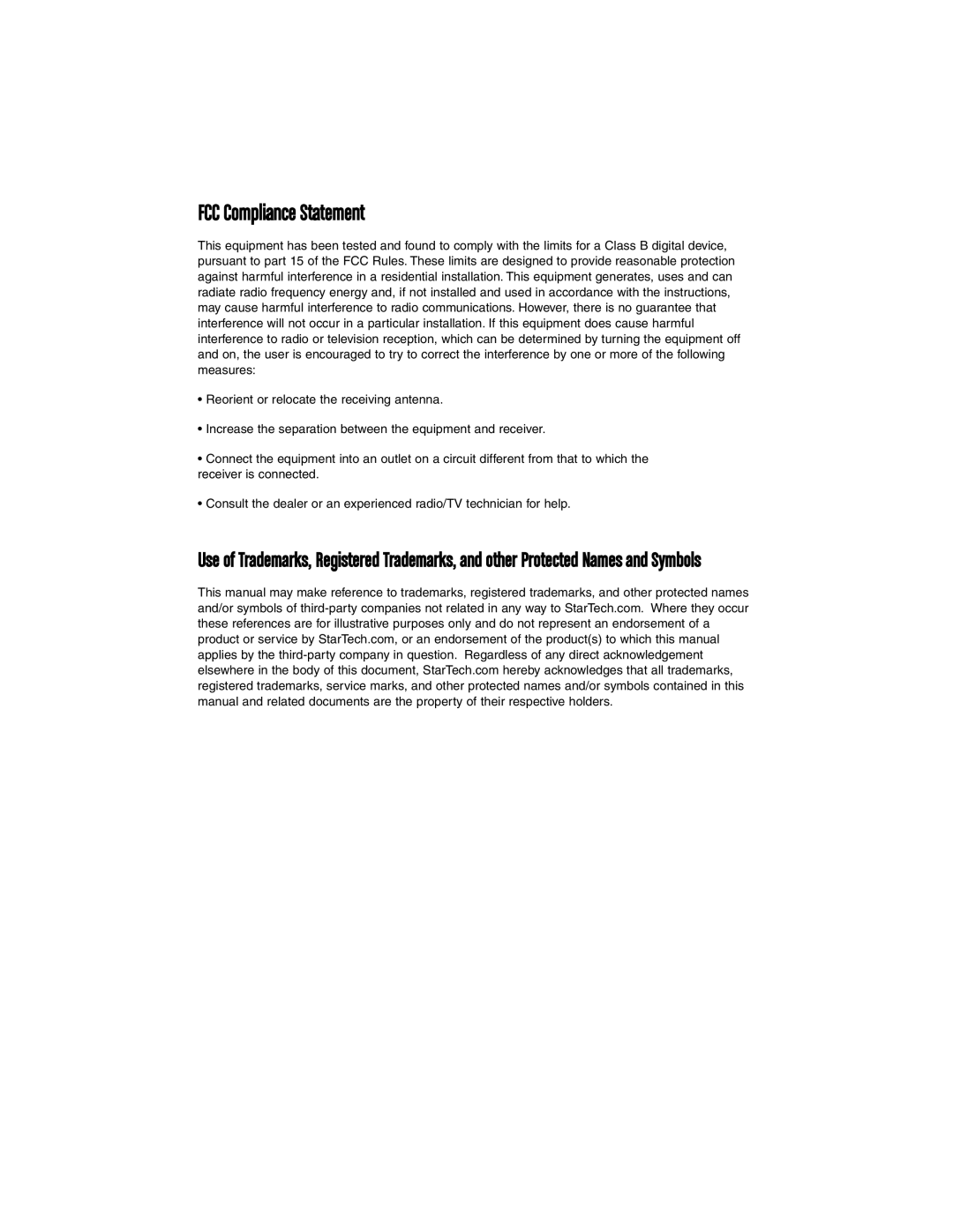 StarTech.com ST100SLP instruction manual FCC Compliance Statement 