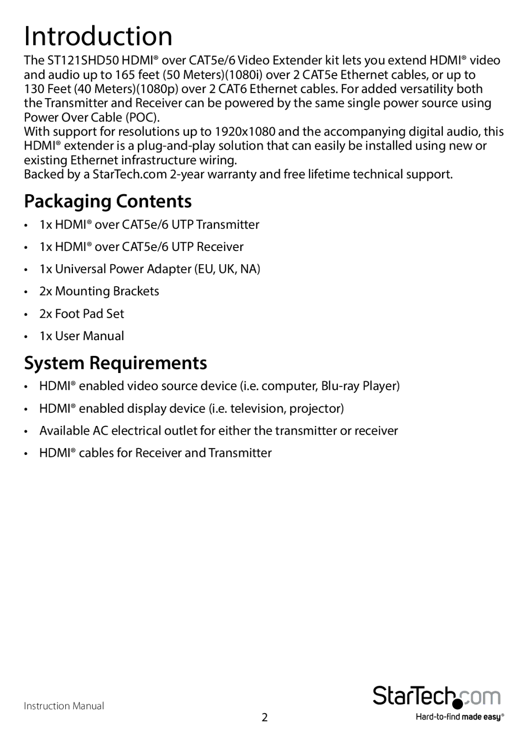 StarTech.com ST121SHD50 manual Introduction, Packaging Contents, System Requirements 