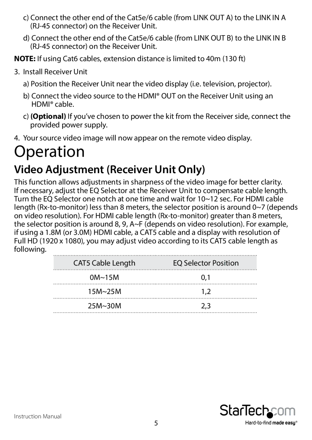 StarTech.com ST121SHD50 manual Operation, Video Adjustment Receiver Unit Only 