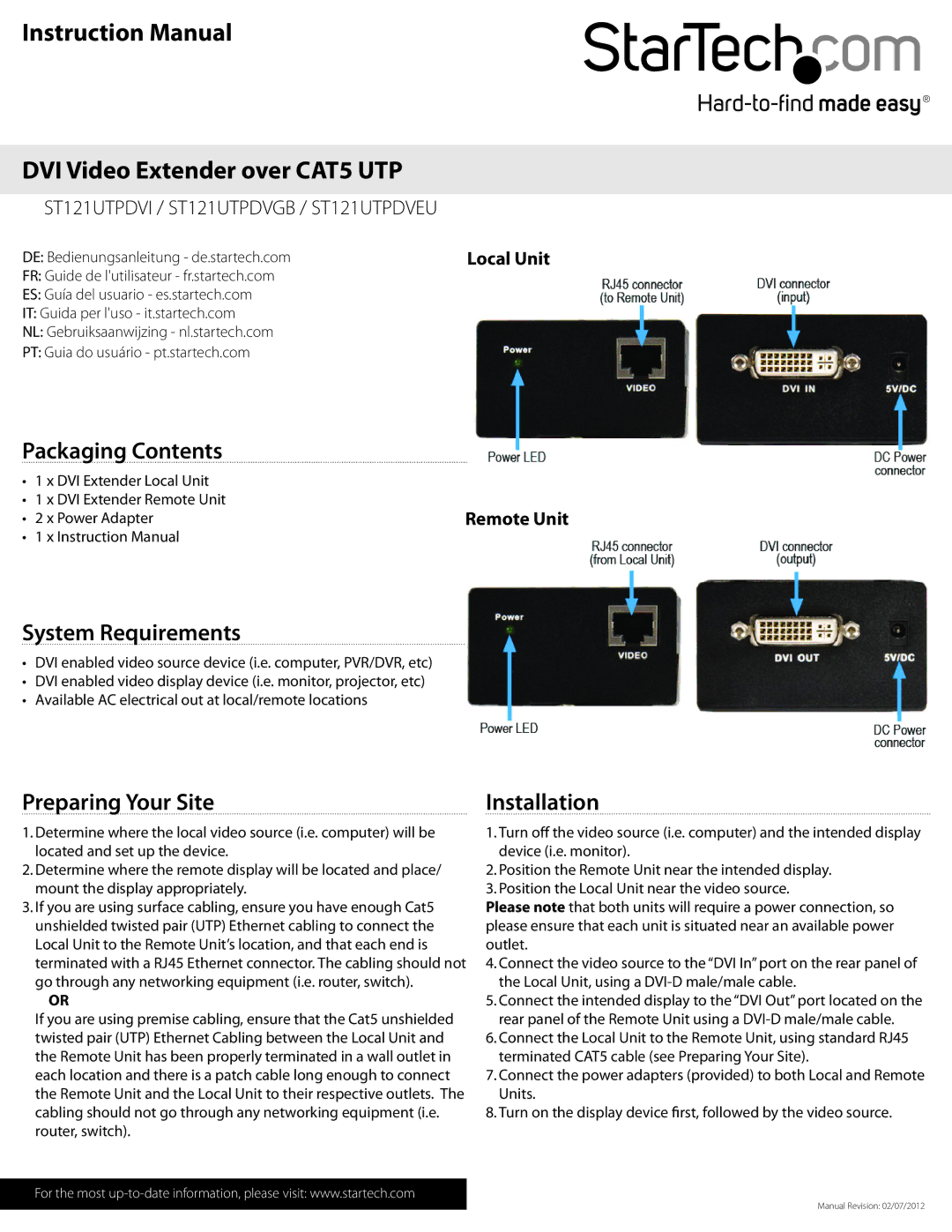 StarTech.com ST121UTPDVGB, ST121UTPDVI instruction manual Packaging Contents, System Requirements, Preparing Your Site 