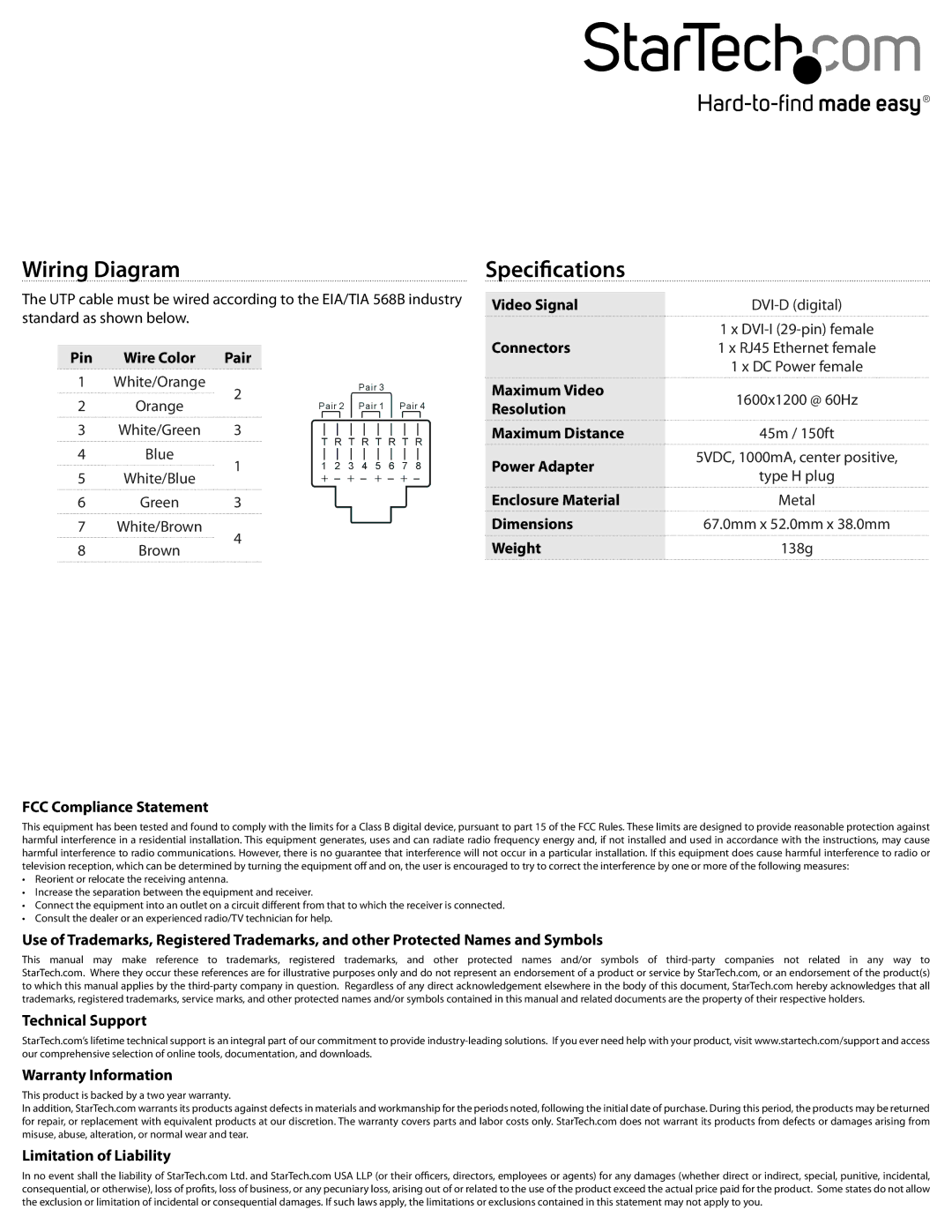 StarTech.com ST121UTPDVEU, ST121UTPDVI, ST121UTPDVGB instruction manual Wiring Diagram, Specifications 