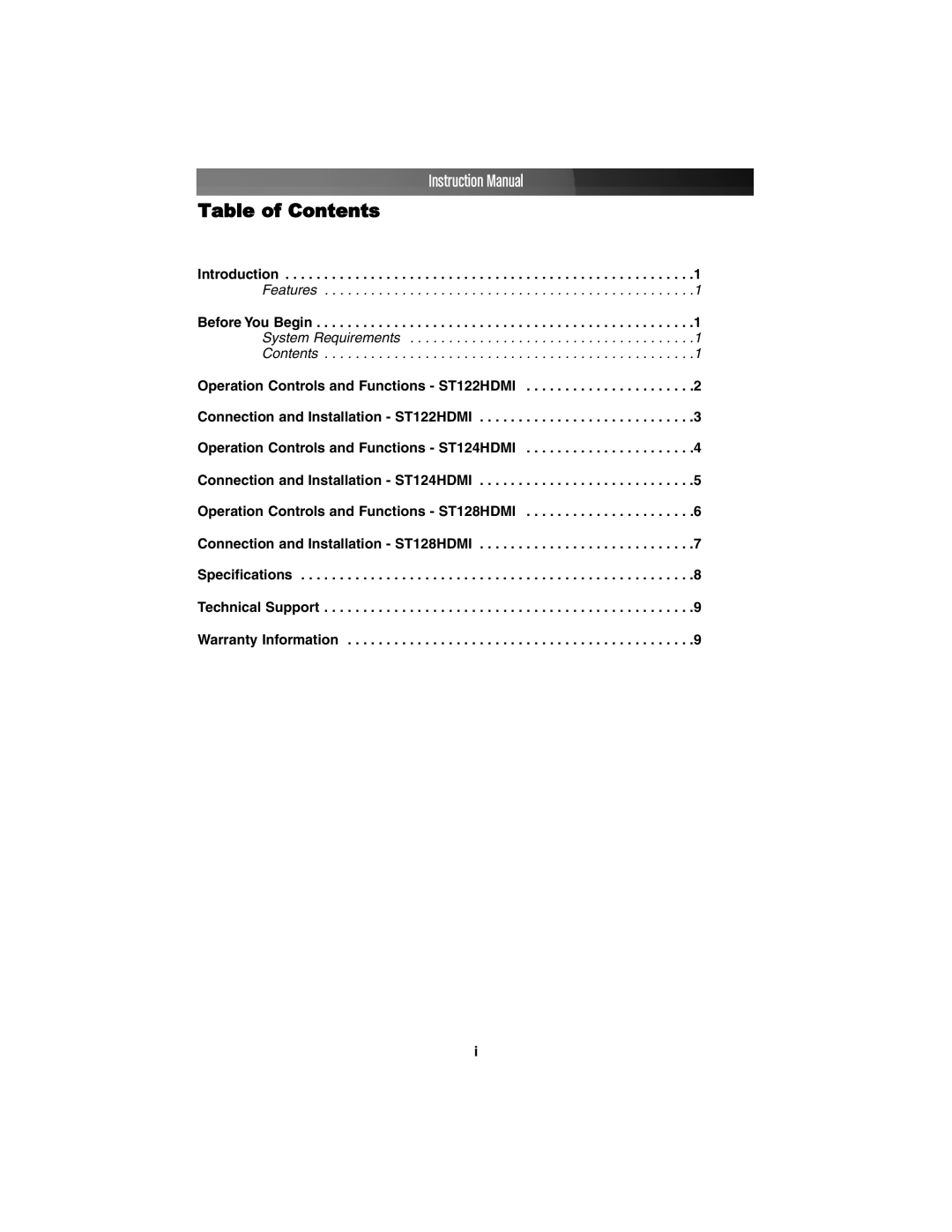 StarTech.com ST128HDMI, ST122HDMI, ST124HDMI instruction manual Table of Contents 