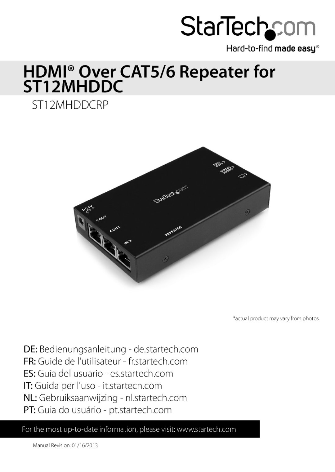 StarTech.com ST12MHDDCRP manual Hdmi Over CAT5/6 Repeater for ST12MHDDC 