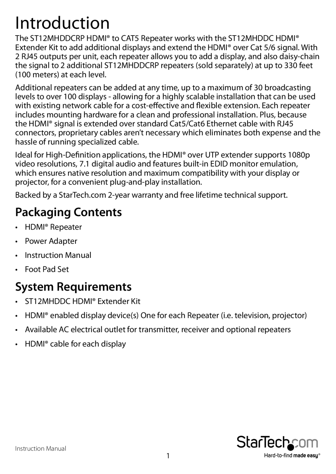 StarTech.com ST12MHDDCRP manual Introduction, Packaging Contents, System Requirements 