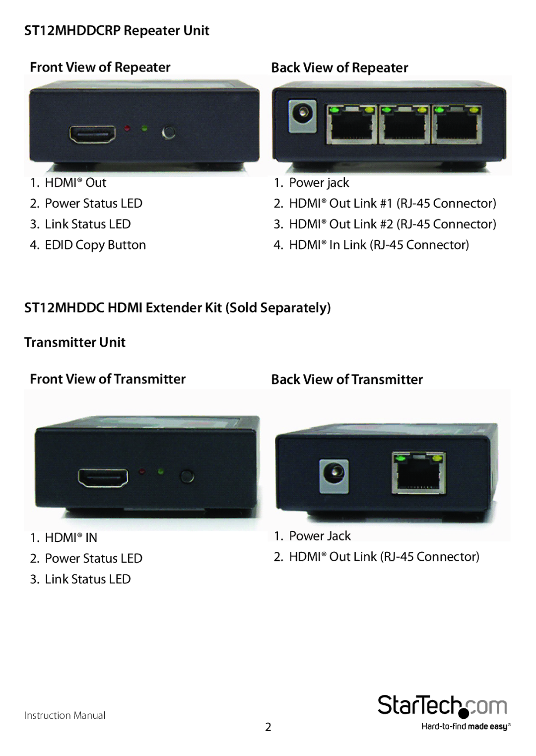 StarTech.com manual ST12MHDDCRP Repeater Unit Front View of Repeater 