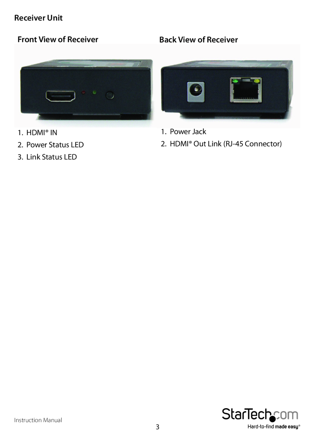 StarTech.com ST12MHDDCRP manual Receiver Unit Front View of Receiver 