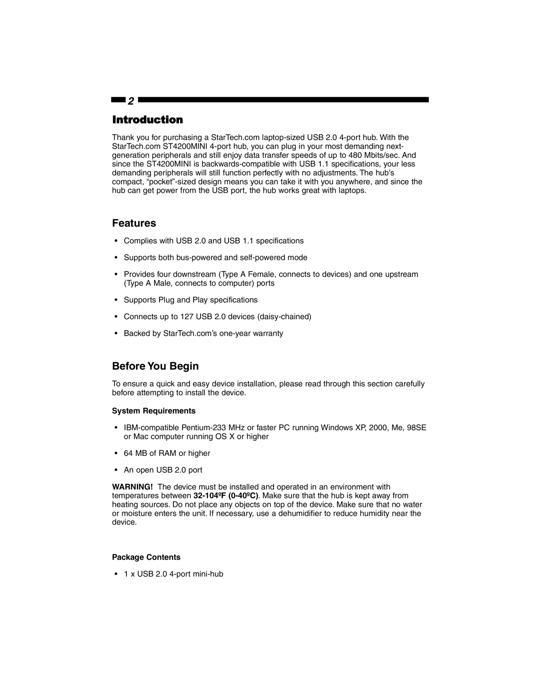 StarTech.com ST4200MINI manual Introduction Features, Before You Begin, System Requirements, Package Contents 