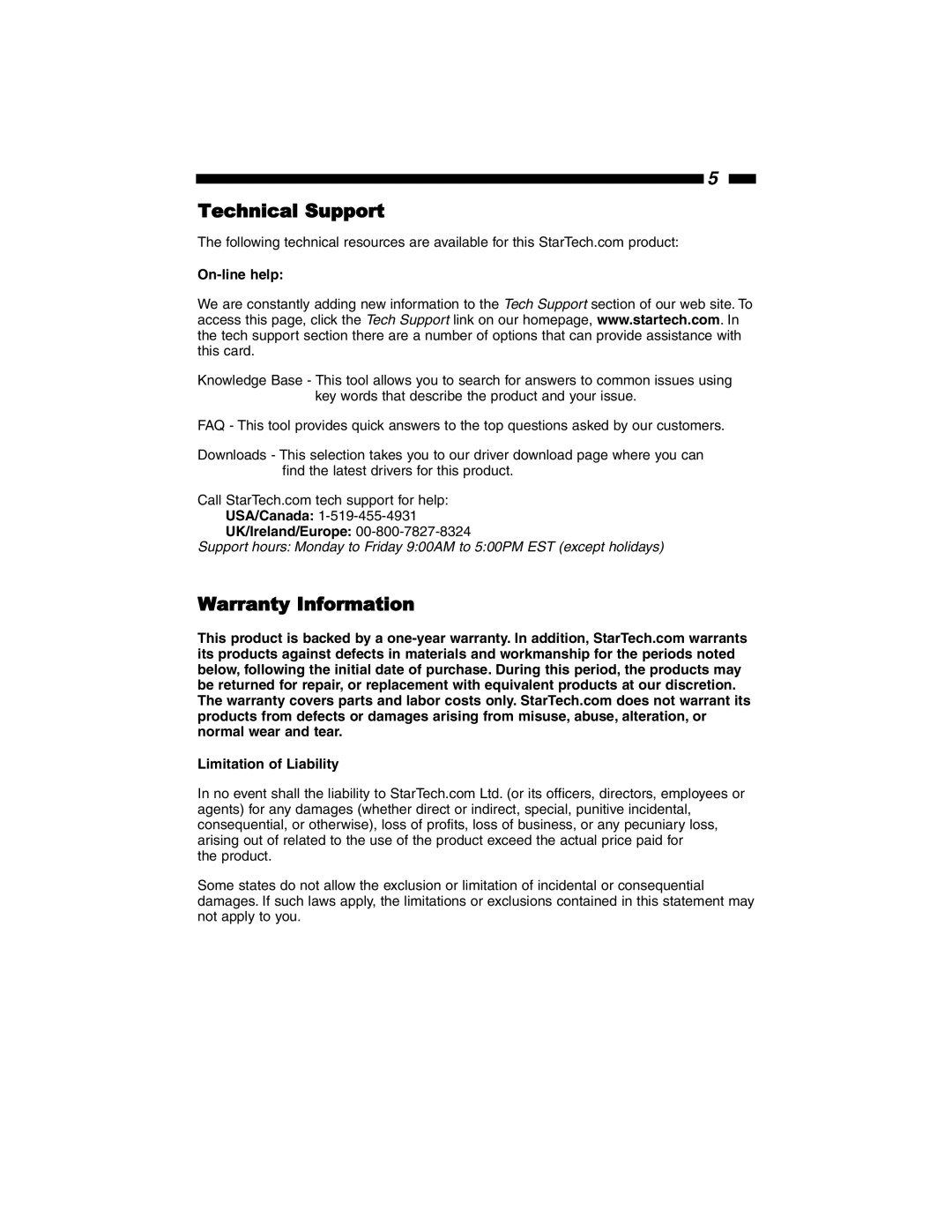 StarTech.com ST4200MINI manual Technical Support, Warranty Information 
