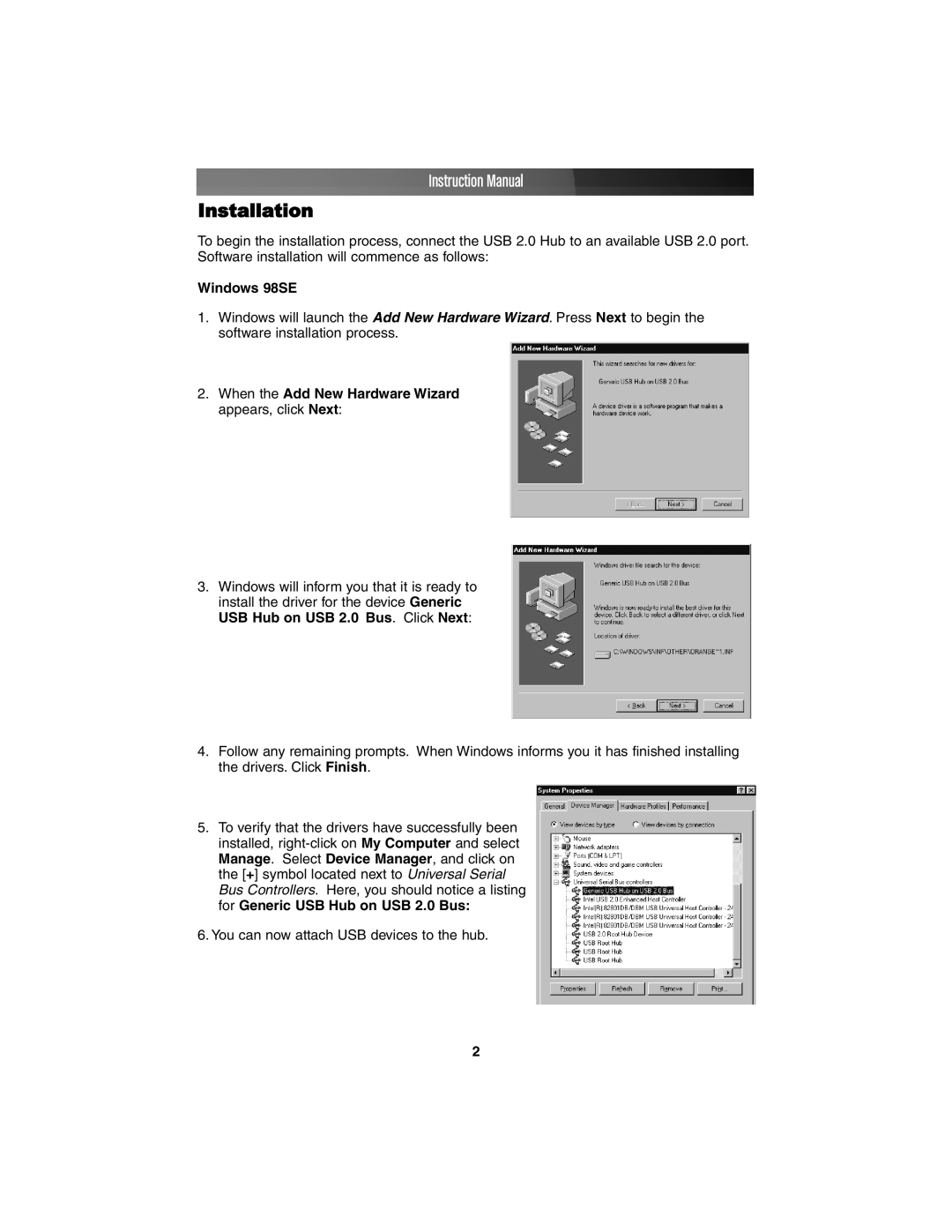 StarTech.com ST7202USB, ST4202USB Installation, Windows 98SE, When the Add New Hardware Wizard appears, click Next 