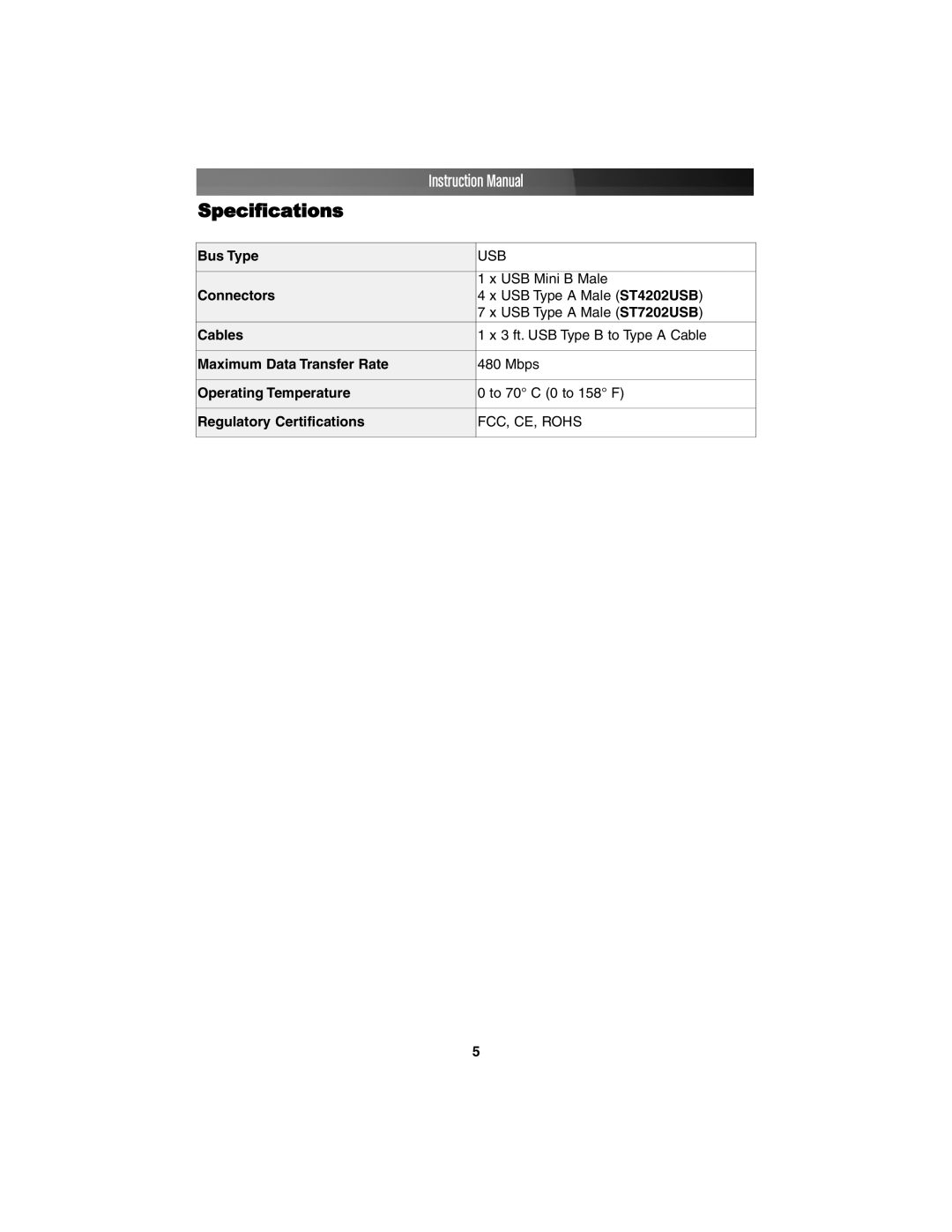 StarTech.com ST4202USB, ST7202USB instruction manual Specifications 