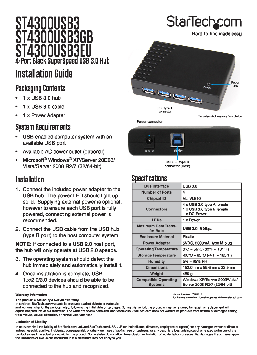 StarTech.com warranty ST4300USB3 ST4300USB3GB ST4300USB3EU, Installation Guide, Port Black SuperSpeed USB 3.0 Hub 