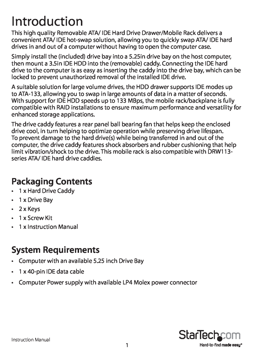 StarTech.com startech manual Introduction, Packaging Contents, System Requirements 