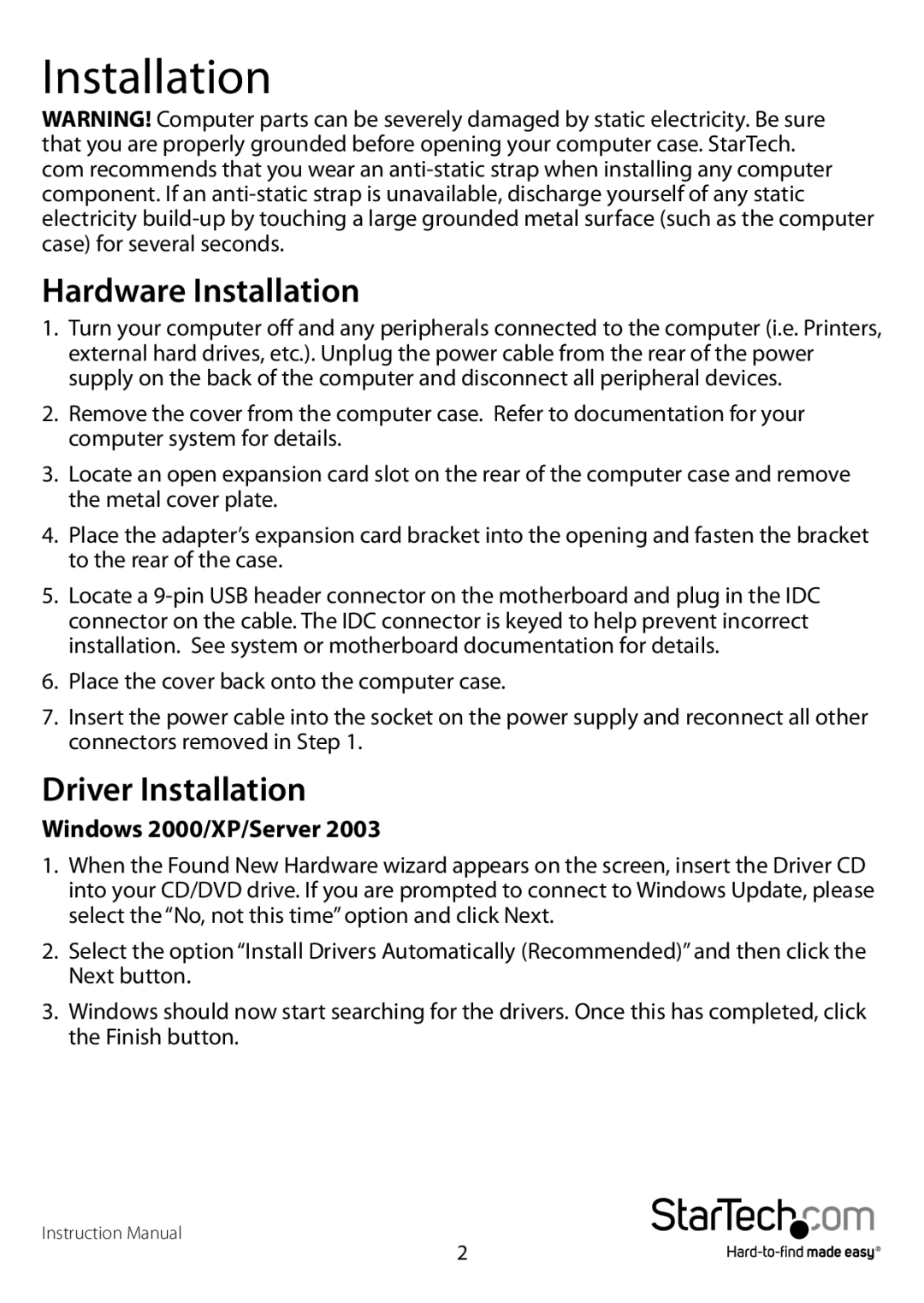 StarTech.com startech manual Hardware Installation, Driver Installation, Windows 2000/XP/Server 