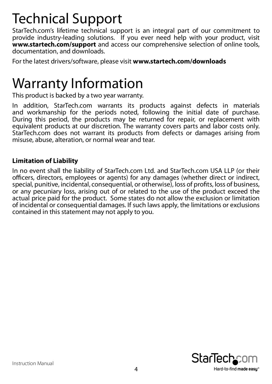 StarTech.com startech manual Technical Support, Warranty Information, Limitation of Liability 