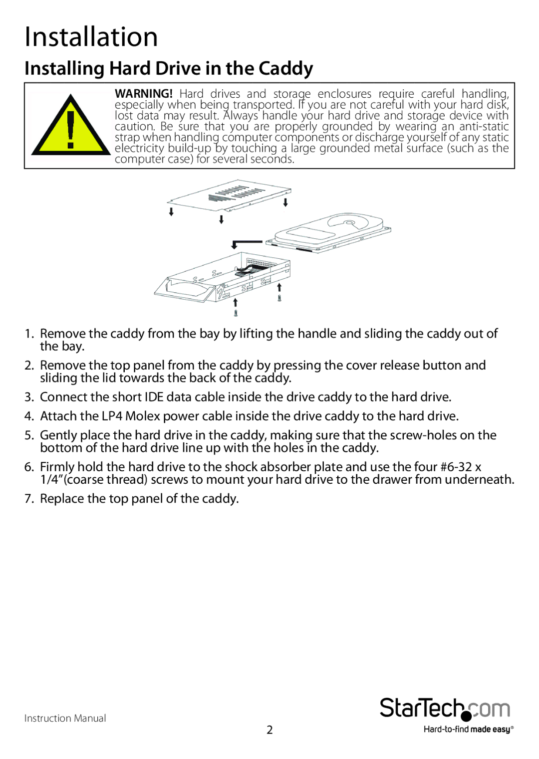 StarTech.com startech manual Installation, Installing Hard Drive in the Caddy 