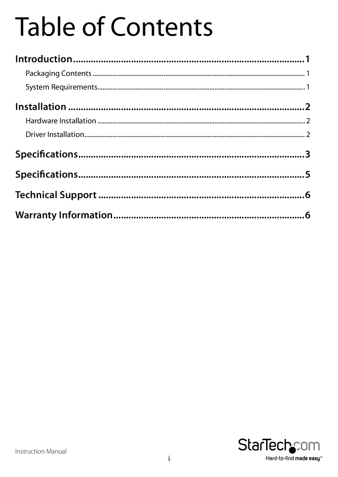 StarTech.com startech manual Table of Contents 