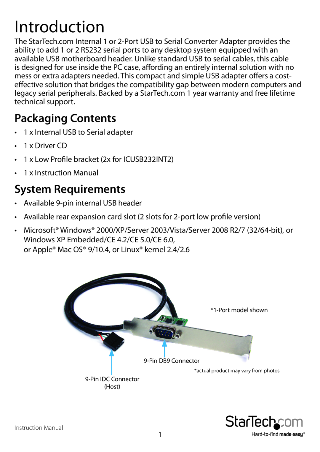 StarTech.com startech manual Introduction, Packaging Contents, System Requirements 