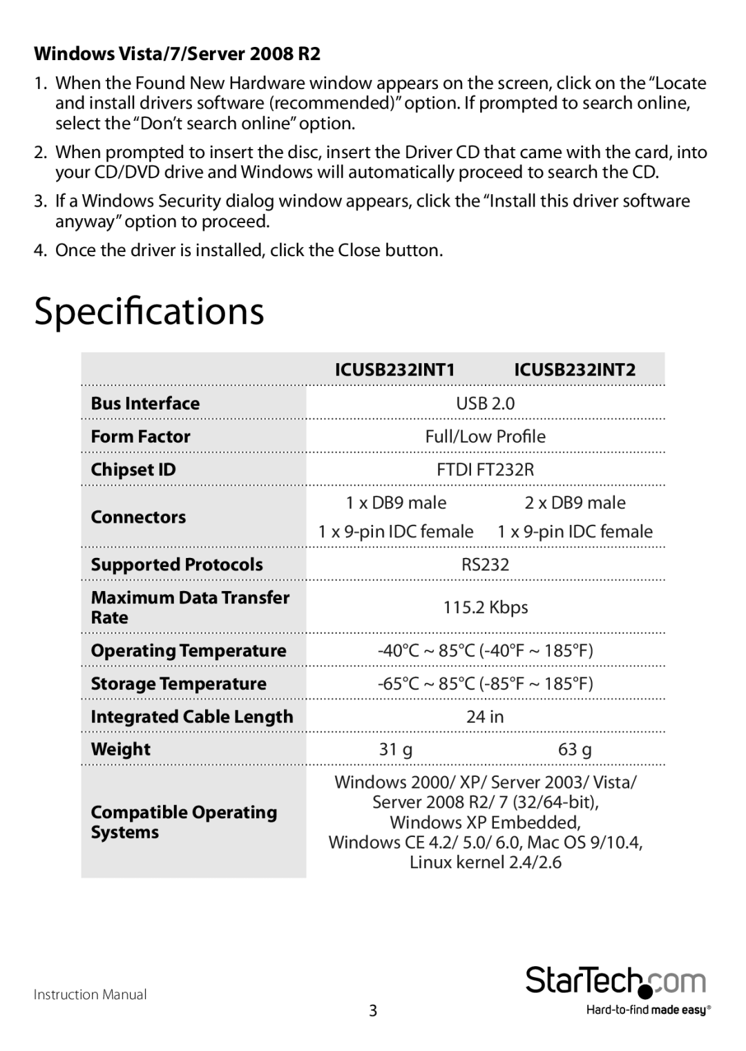 StarTech.com startech manual Specifications, Windows Vista/7/Server 2008 R2 