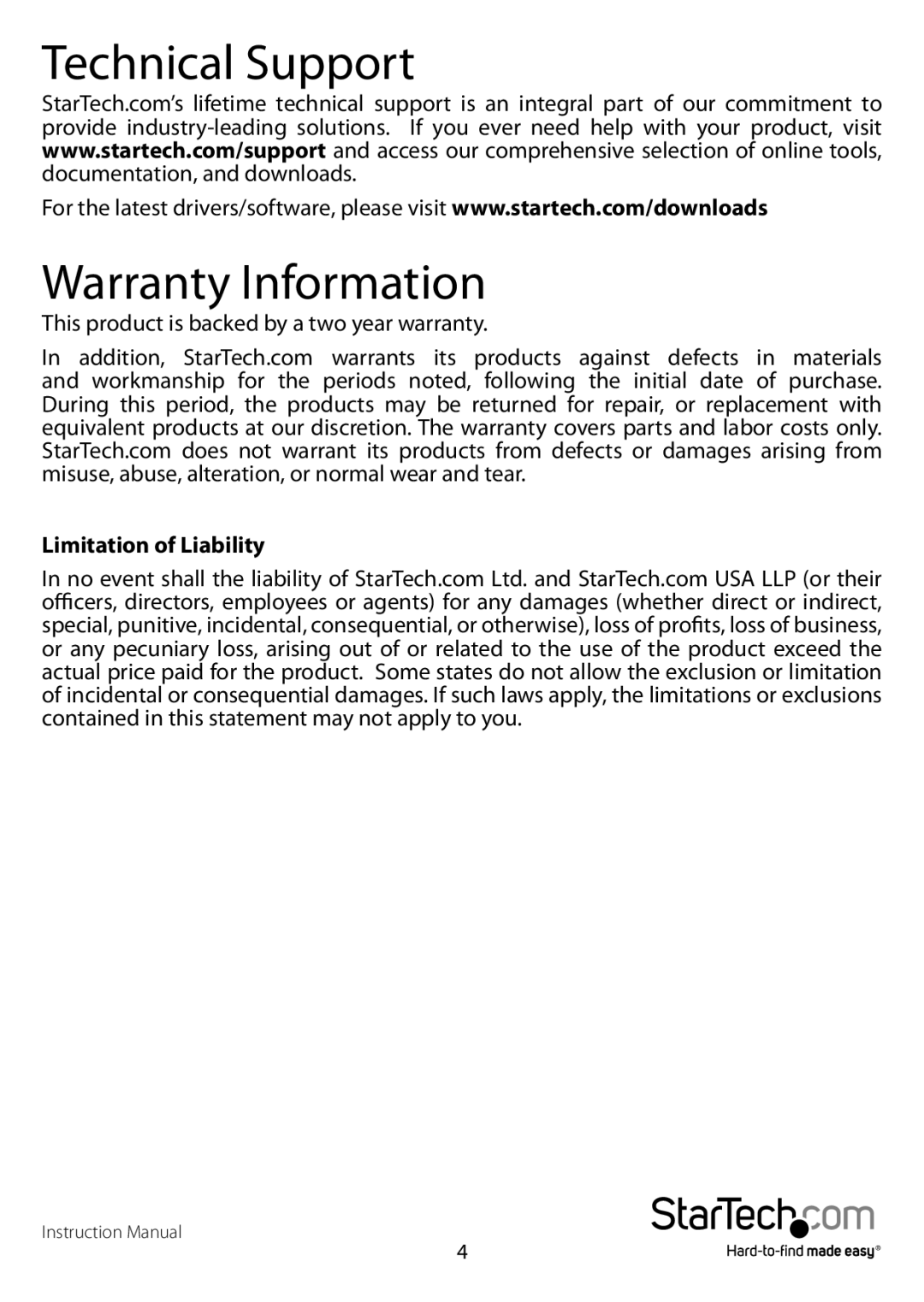 StarTech.com startech manual Technical Support Warranty Information, Limitation of Liability 