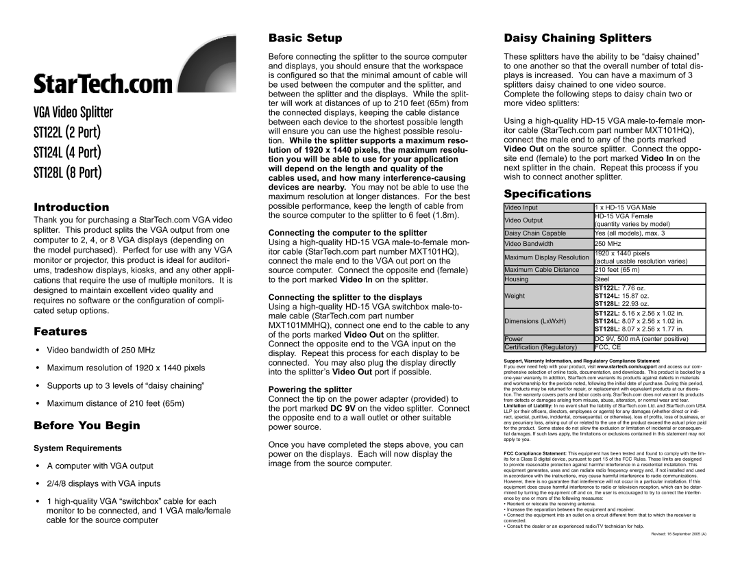 StarTech.com STI28L, STI22L specifications Introduction Features, Before You Begin, Basic Setup, Daisy Chaining Splitters 