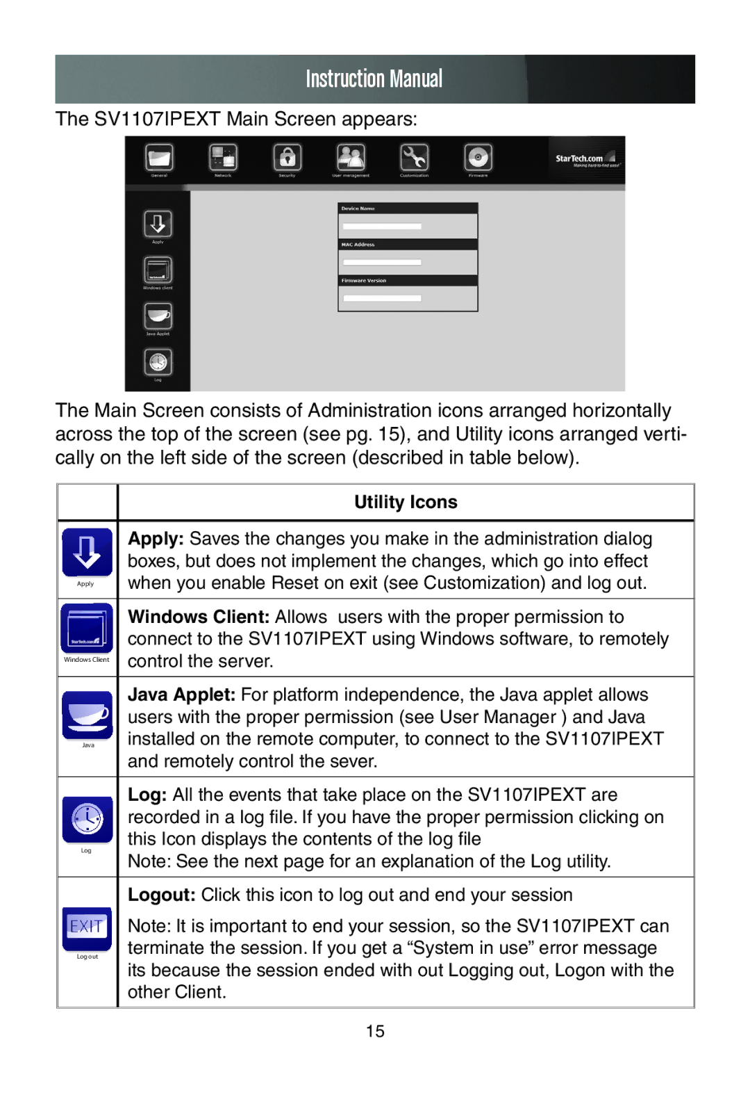 StarTech.com SV1107IPEXT manual Utility Icons 