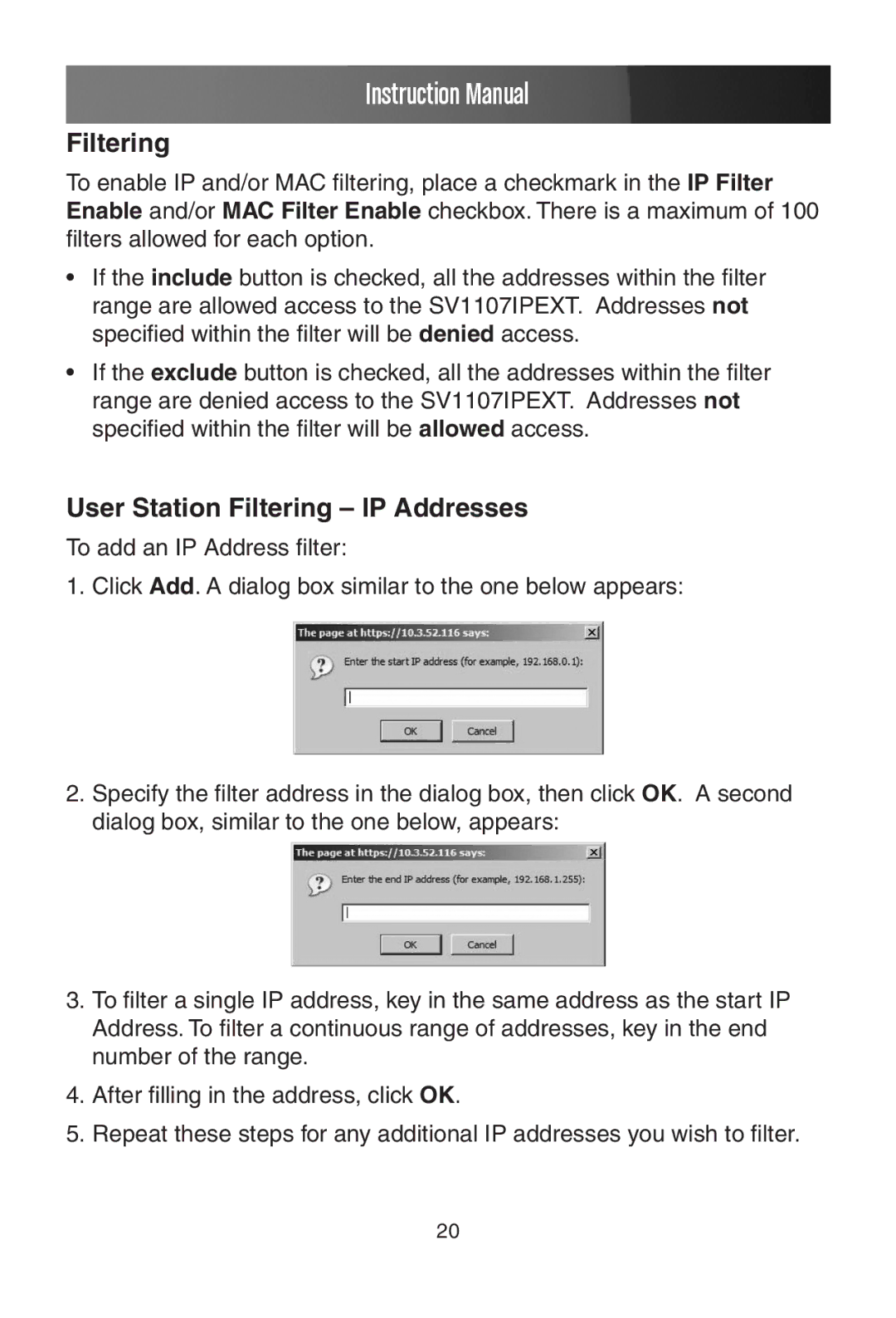 StarTech.com SV1107IPEXT manual User Station Filtering IP Addresses 