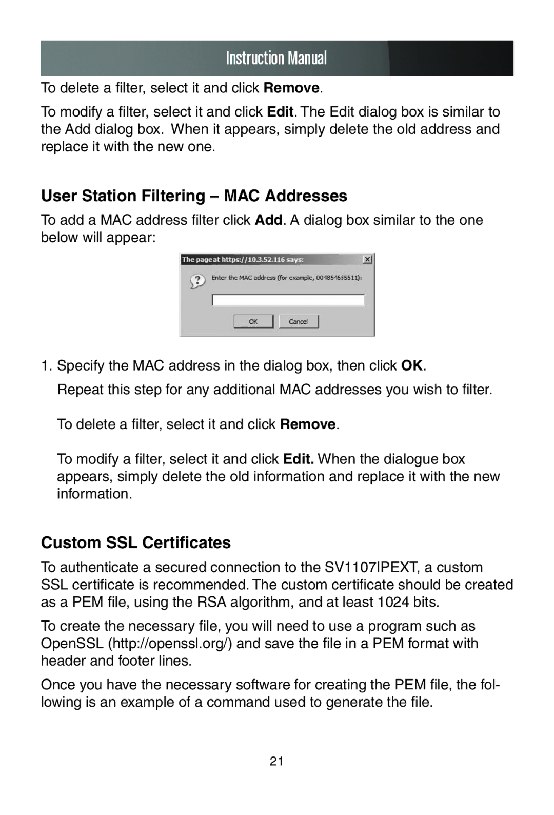 StarTech.com SV1107IPEXT manual User Station Filtering MAC Addresses, Custom SSL Certificates 