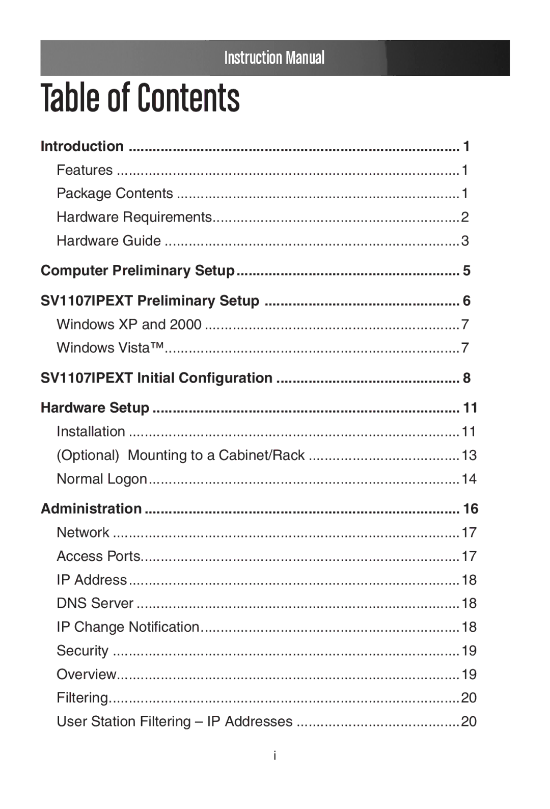 StarTech.com SV1107IPEXT manual Table of Contents 