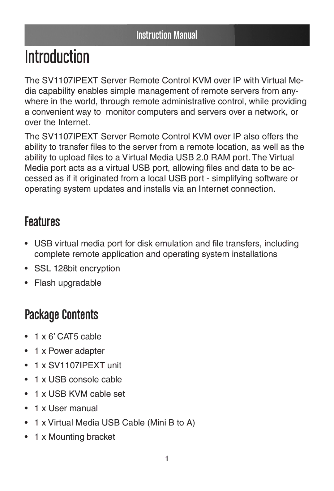 StarTech.com SV1107IPEXT manual Introduction, Features, Package Contents 