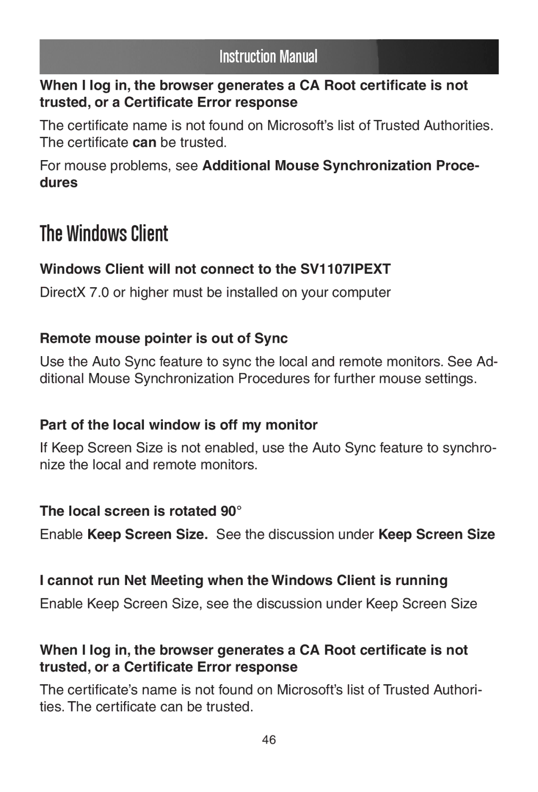 StarTech.com manual Windows Client will not connect to the SV1107IPEXT, Remote mouse pointer is out of Sync 