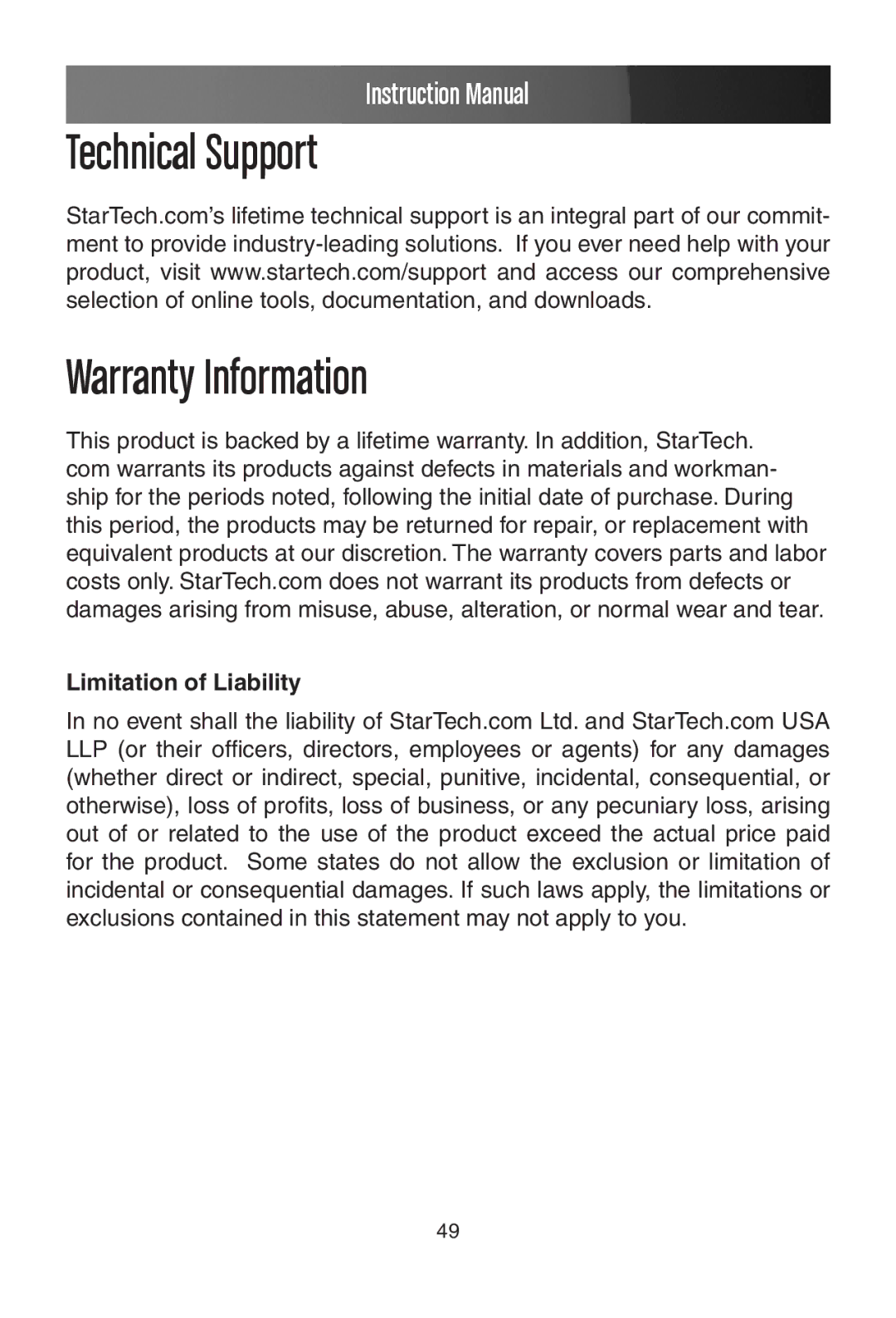 StarTech.com SV1107IPEXT manual Technical Support Warranty Information, Limitation of Liability 