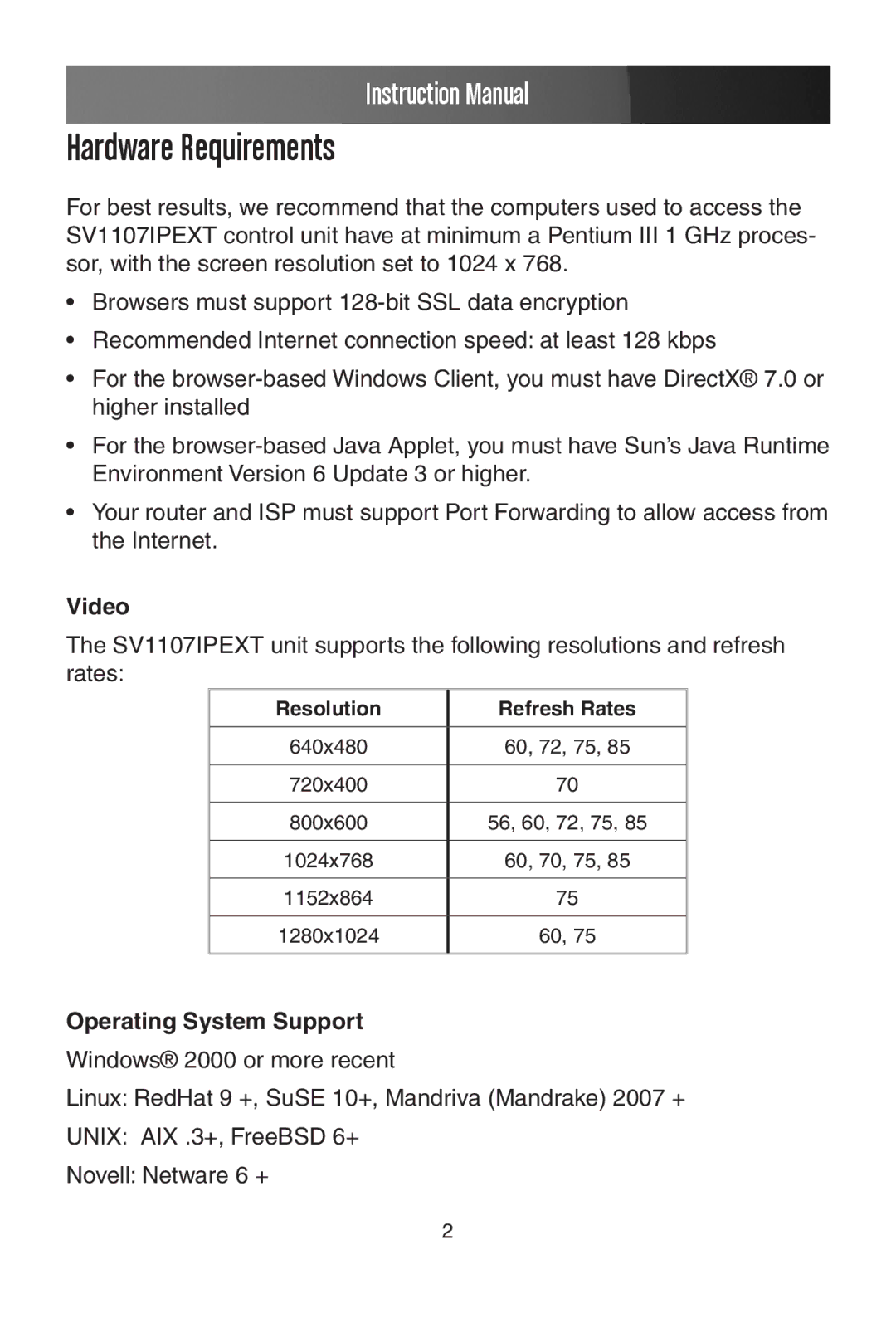 StarTech.com SV1107IPEXT manual Hardware Requirements, Video, Operating System Support 