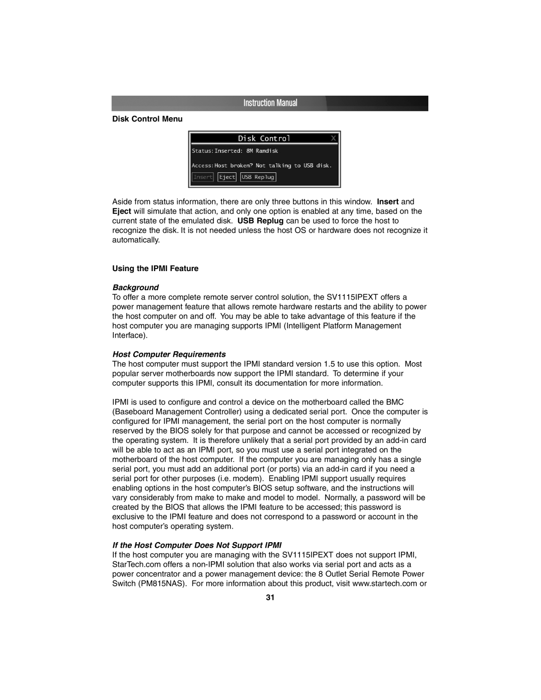 StarTech.com SV11151PEXT instruction manual Disk Control Menu, Background, Host Computer Requirements 