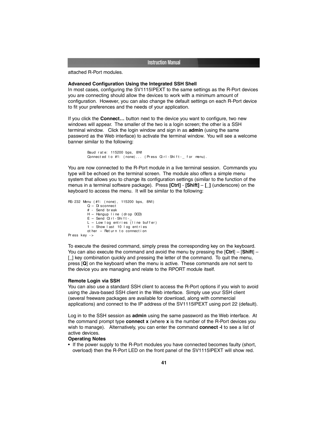 StarTech.com SV11151PEXT Advanced Configuration Using the Integrated SSH Shell, Remote Login via SSH, Operating Notes 