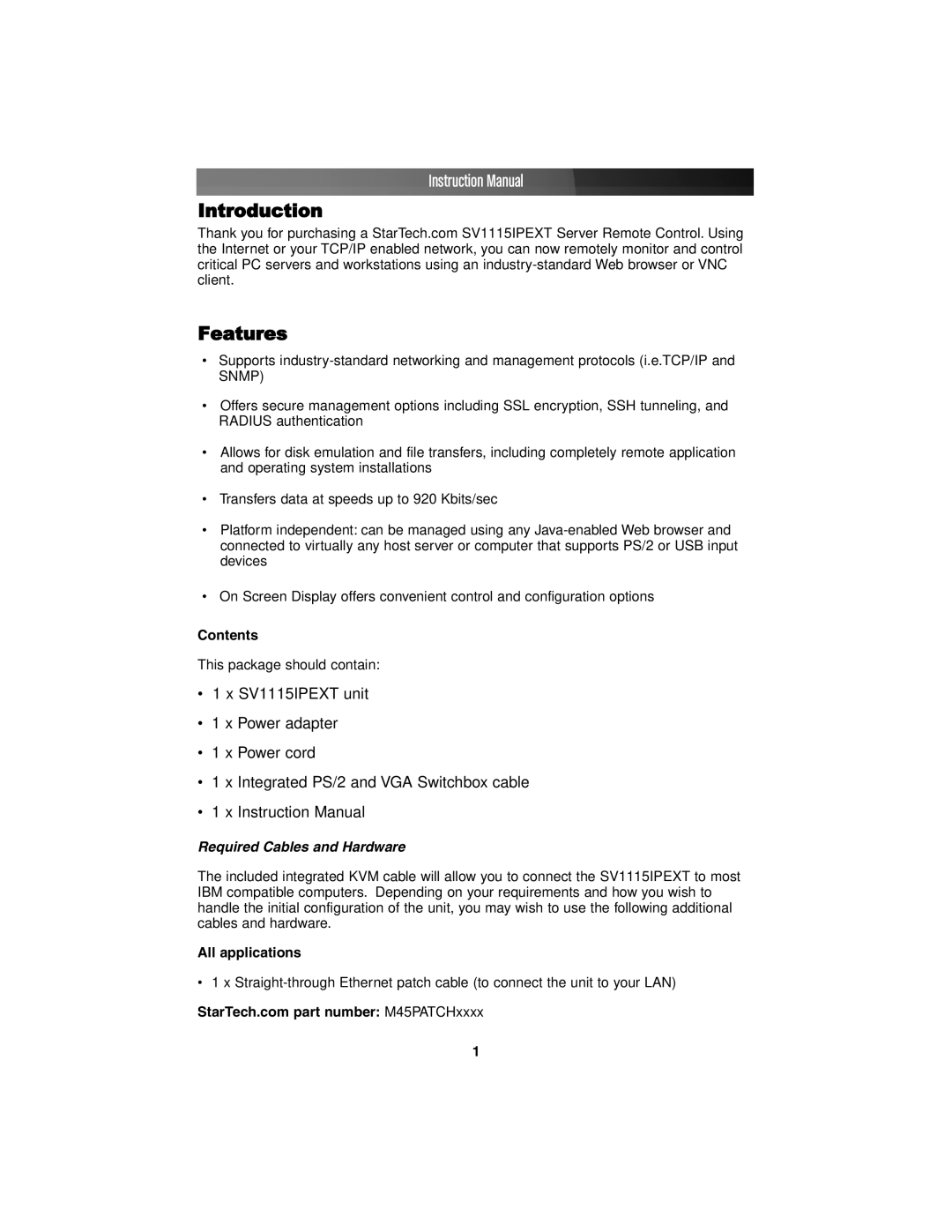 StarTech.com SV11151PEXT instruction manual Introduction Features, Contents, Required Cables and Hardware, All applications 