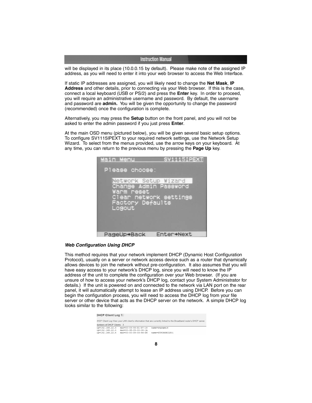 StarTech.com SV1115IPEXT instruction manual Web Configuration Using Dhcp 