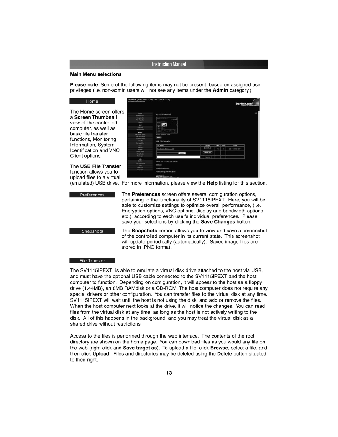 StarTech.com SV1115IPEXT instruction manual Main Menu selections 