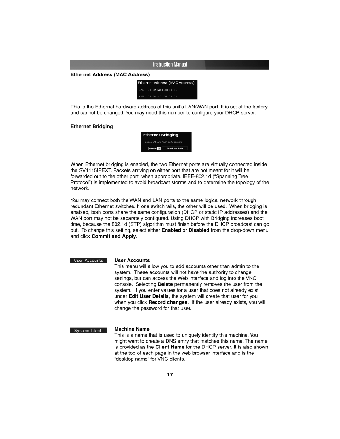 StarTech.com SV1115IPEXT instruction manual Ethernet Address MAC Address, Ethernet Bridging, User Accounts, Machine Name 