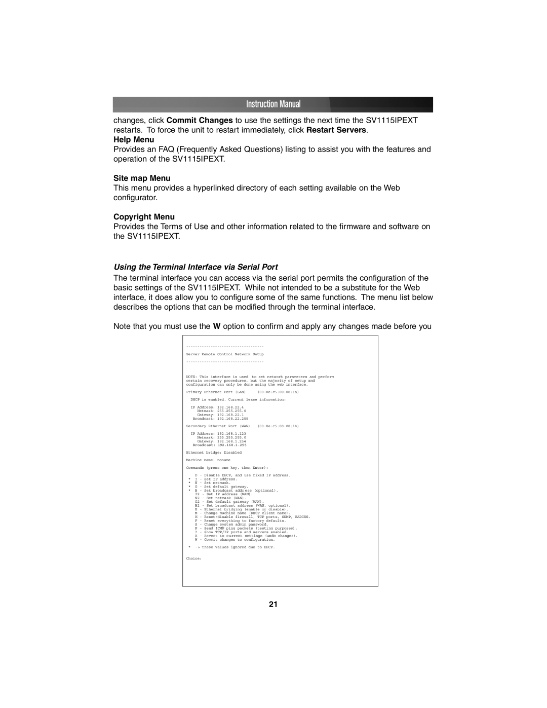 StarTech.com SV1115IPEXT Help Menu, Site map Menu, Copyright Menu, Using the Terminal Interface via Serial Port 