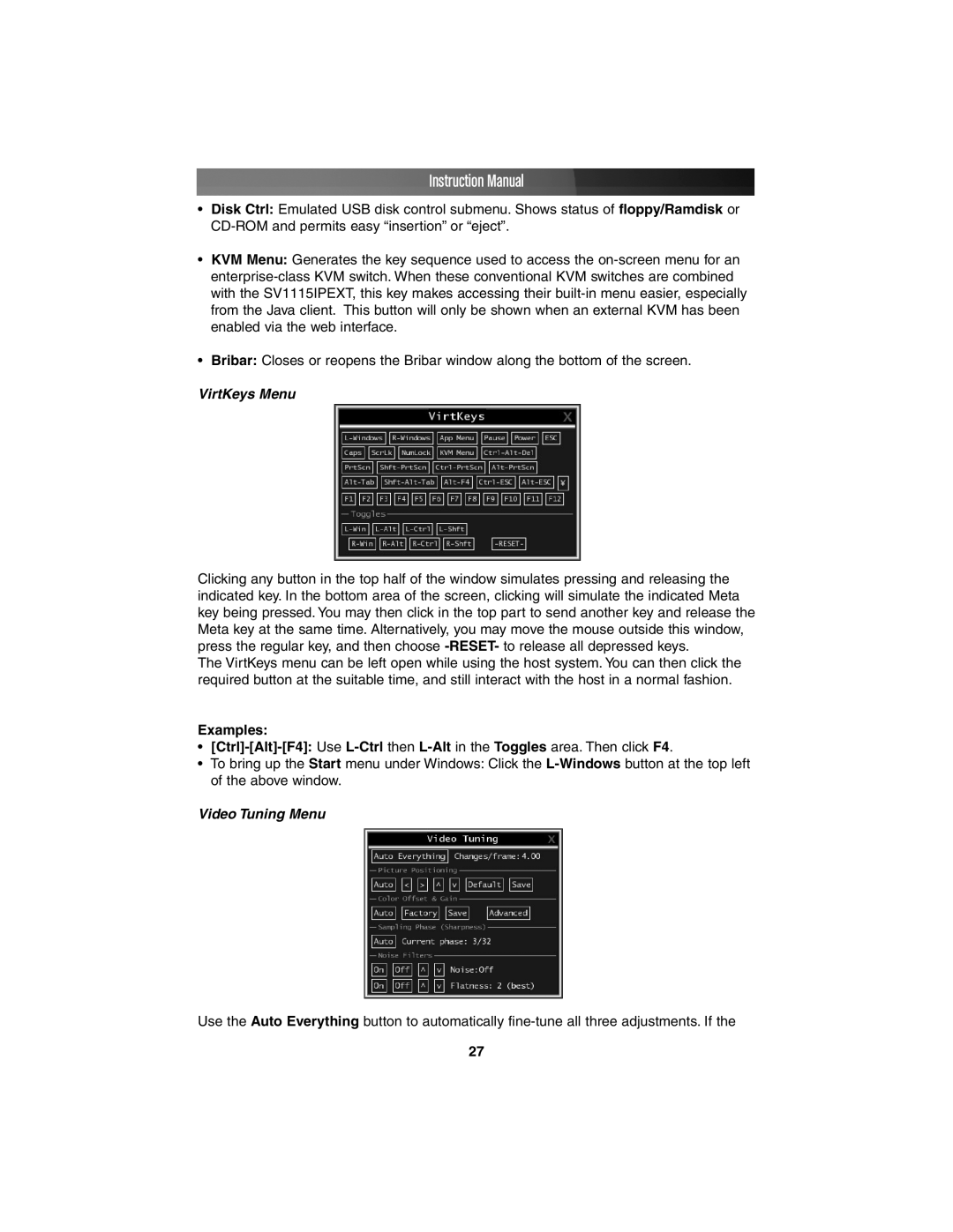 StarTech.com SV1115IPEXT instruction manual VirtKeys Menu, Video Tuning Menu 