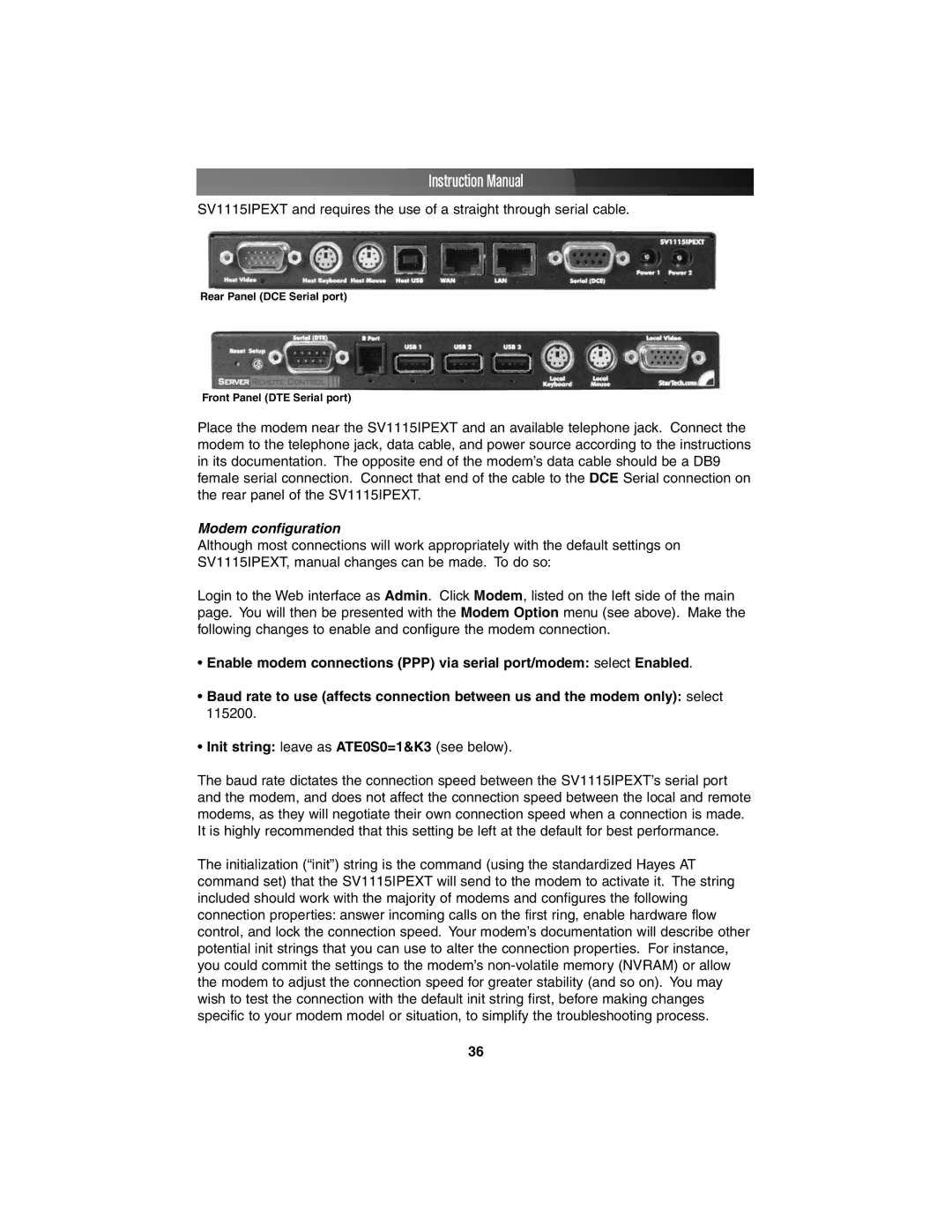 StarTech.com SV1115IPEXT instruction manual Modem configuration 