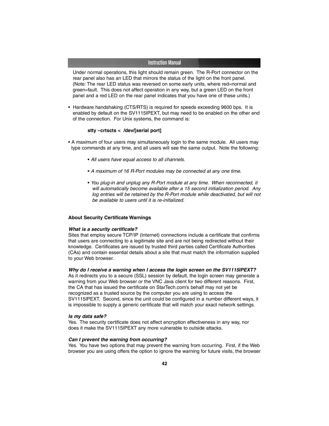 StarTech.com SV1115IPEXT instruction manual Stty -crtscts /dev/serial port, About Security Certificate Warnings 