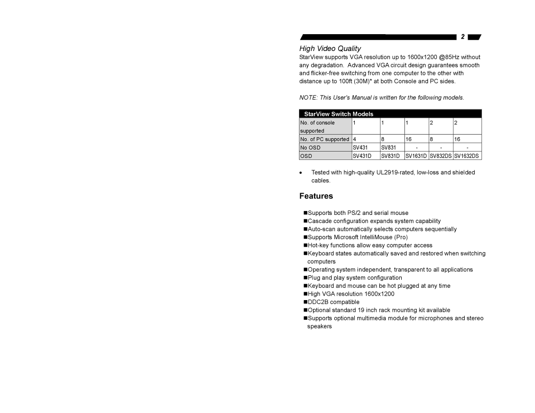 StarTech.com SV831D, SV1632DS, SV1631D, SV431D, SV832DS, SV830 user manual Features, High Video Quality 