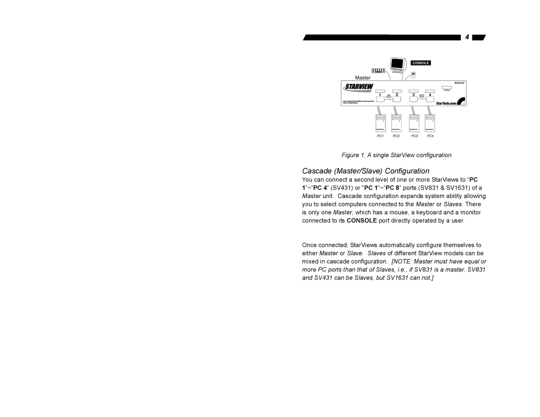 StarTech.com SV830, SV1632DS, SV1631D, SV431D, SV831D Cascade Master/Slave Configuration, Single StarView configuration 